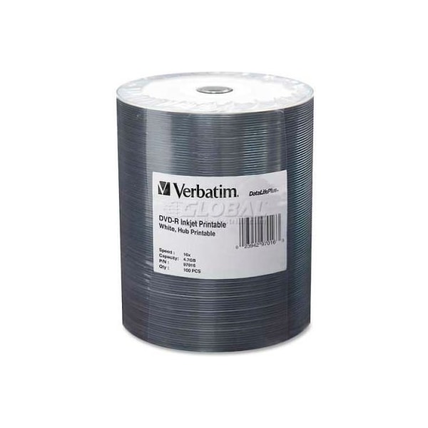 Verbatim Americas Verbatim DVD-R, 16X Speed, 4.7GB, Inkjet Printable, Wrapped, 100/Pk, White 97016 - main